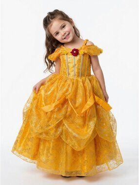 Girls Belle Princess Costume Dress Golden Yellow Glitter Organza Birthday Party